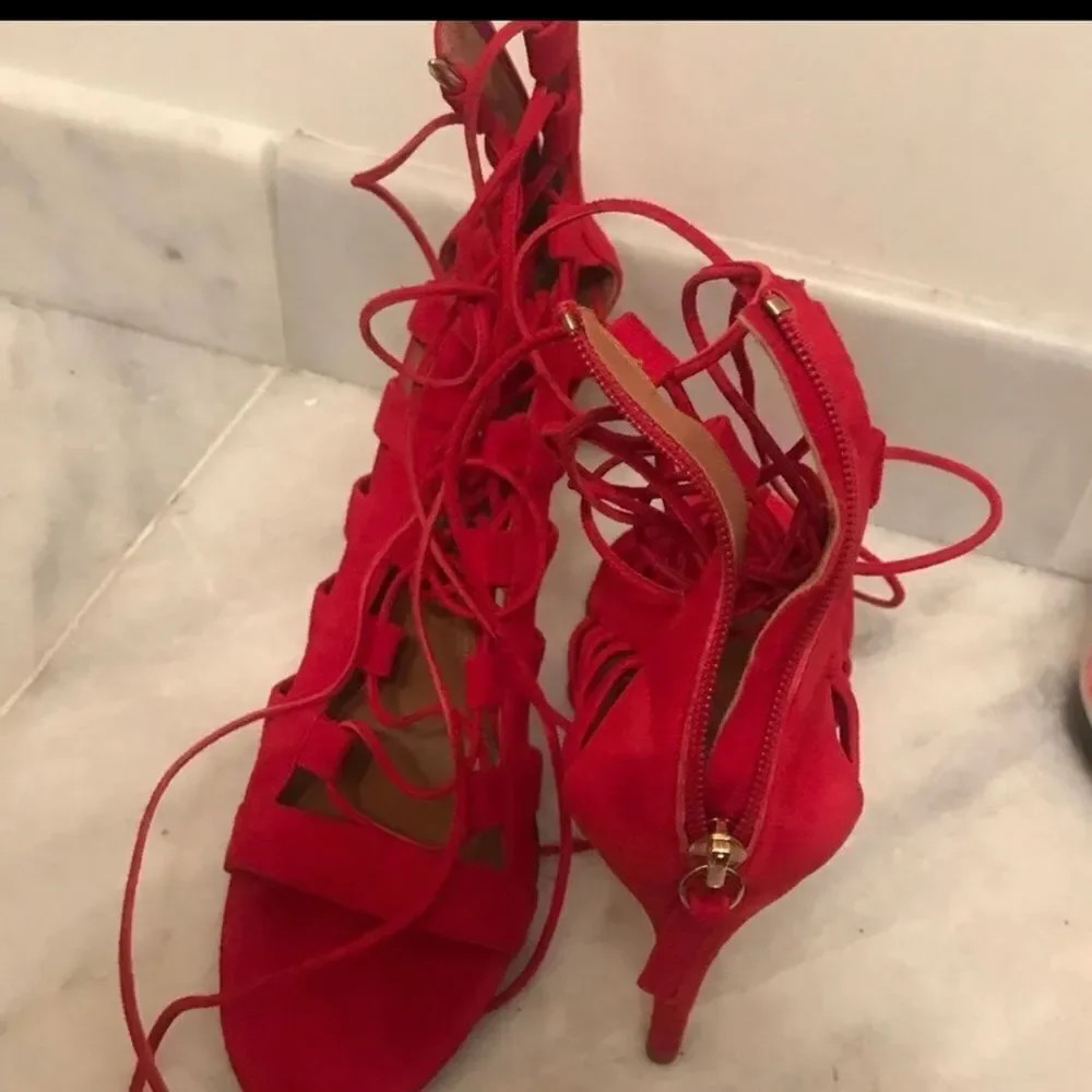 AQUAZZURA SANDALS AMAZON 105 Red SUEDE LACE-UP BOOTIES 40.5 US 10